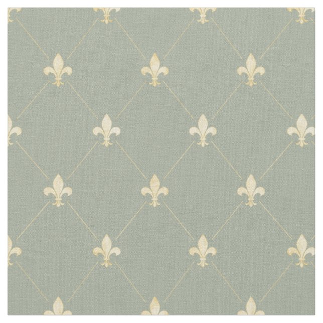 Pale Gold Fleur-de-Lis (small scale) Sage Green Fabric (Close Up)