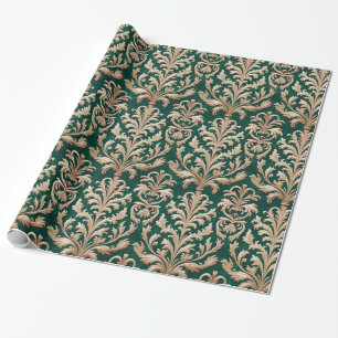 Pale Gold Floral Damask Forest Green Velvet Wrapping Paper