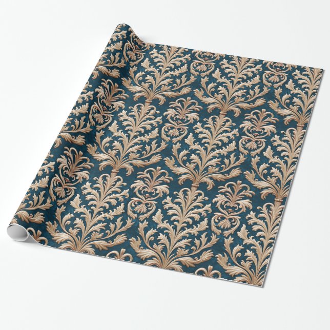 Pale Gold Floral Damask Teal Blue Velvet Wrapping Paper (Unrolled)