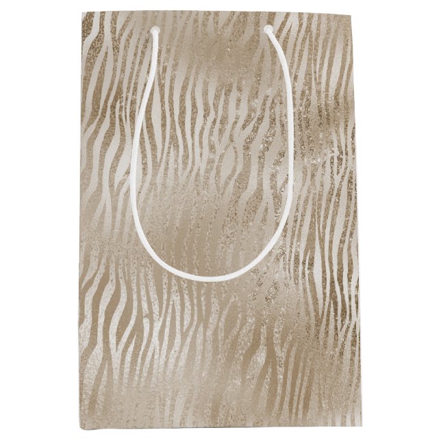 Pale Gold Glam Glitzy Zebra Print Stripes Medium Gift Bag (Front)