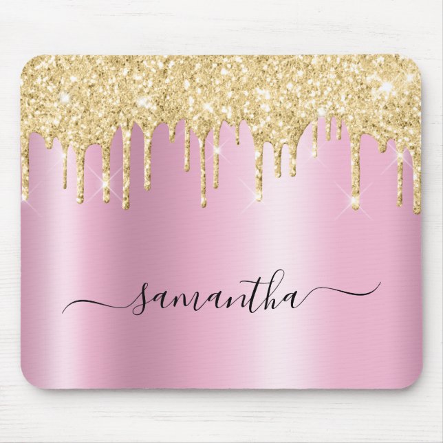 Pale Gold Glitter Drips Pink Shimmer Mouse Mat (Front)