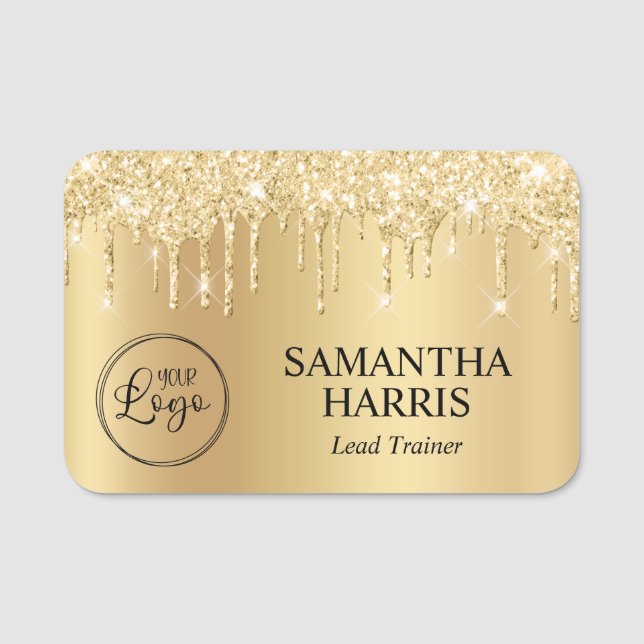 Pale Gold Glitter Drips Shimmer Name Tag (Front)