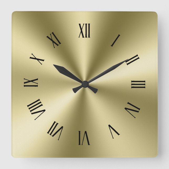 Pale Gold Shiny Metallic Texture Roman Numerals Square Wall Clock (Front)
