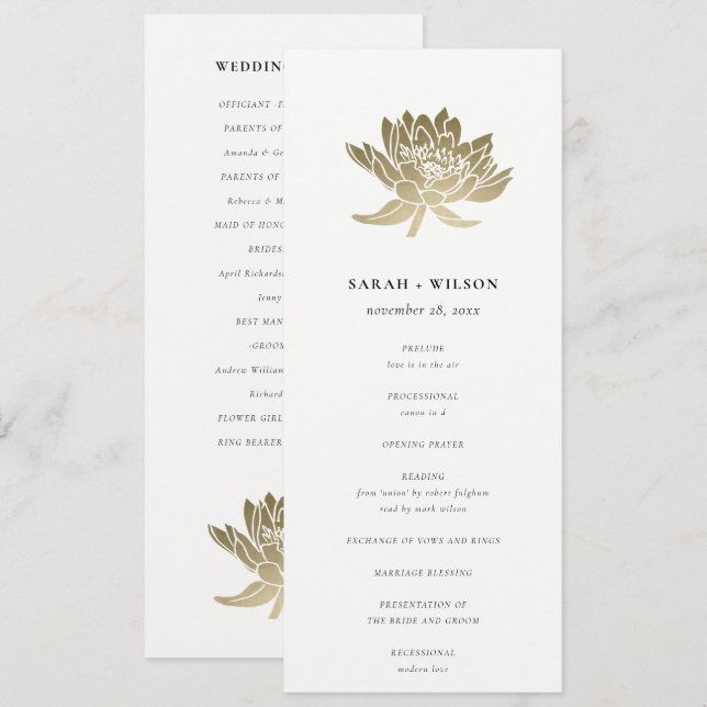 Pale Gold White Lotus Floral Wedding Program Invitation (Front/Back)