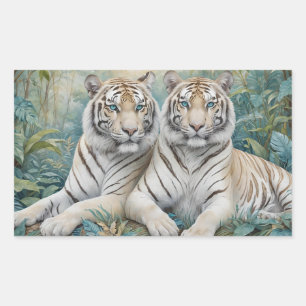 Pale Golden Tigers in a Blue Green Jungle Rectangular Sticker