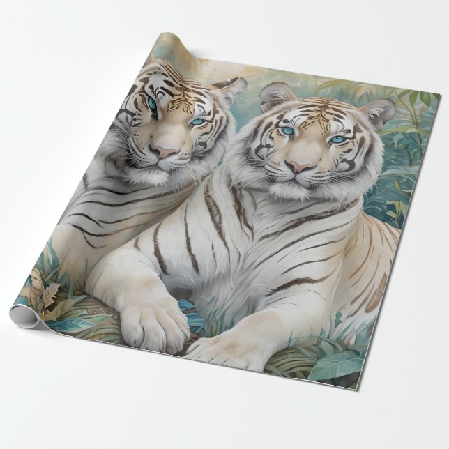 Pale Golden Tigers in a Blue Green Jungle Wrapping Paper (Unrolled)