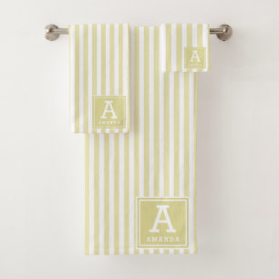 Pale Goldenrod Cabana Stripes Monogrammed Initial Bath Towel Set