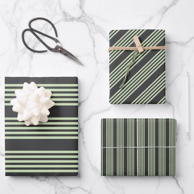 Pale green and charcoal five stripes pattern wrapping paper sheet (Front)