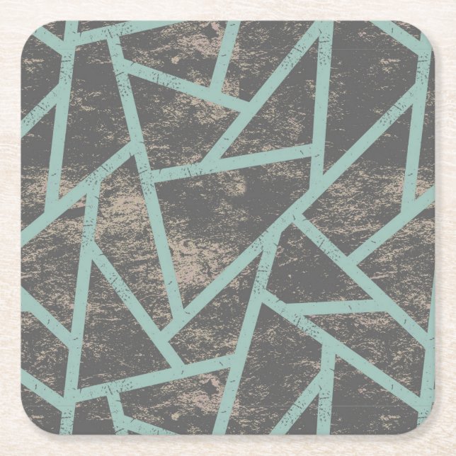Pale green and grey mosaic pattern square paper coaster (Front)