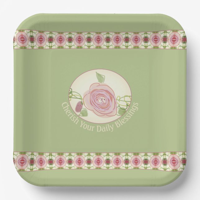 Pale Green and Pink Floral Accented Square Paper Plate (Front)
