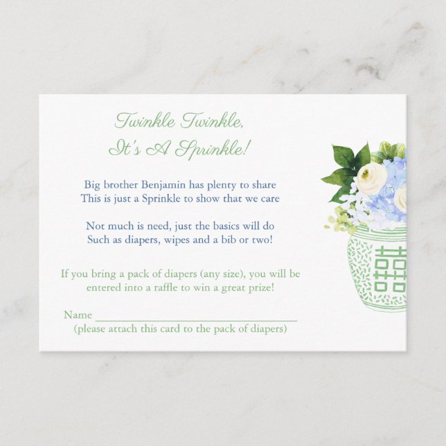 Pale Green And White Chinoiserie Baby Shower Poem Enclosure Card (Front)