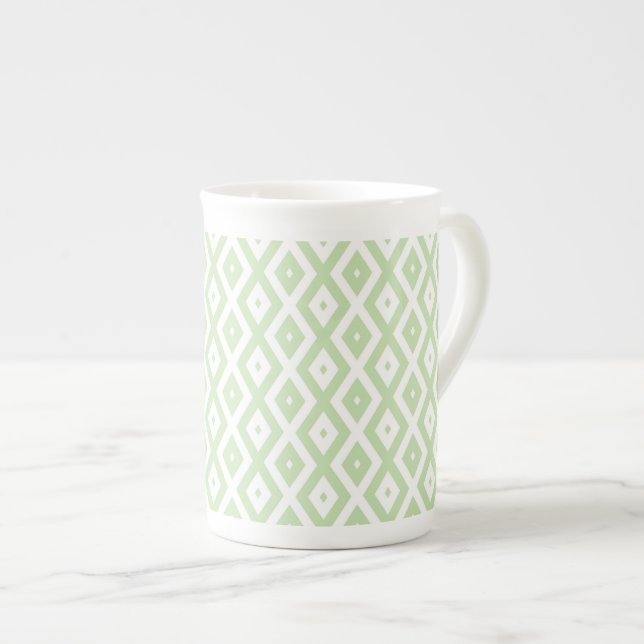 Pale green and white diamond pattern bone china mug (Front Right)