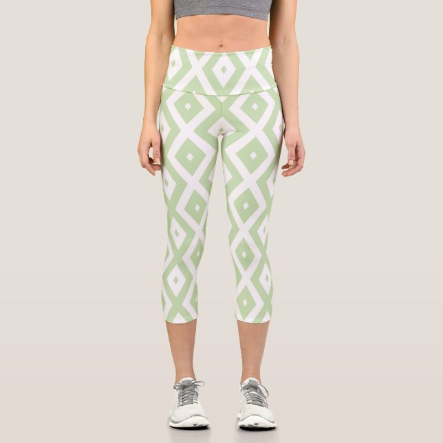 Pale green and white diamond pattern capri leggings (Front)