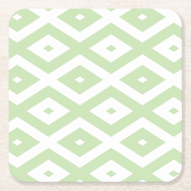 Pale green and white diamond pattern square paper coaster (Front)