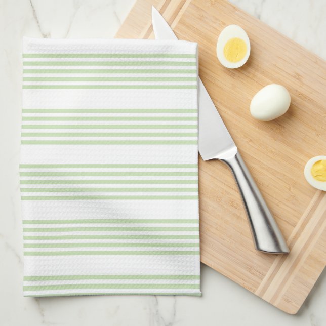Pale green and white five stripes pattern tea towel (Quarter Fold)