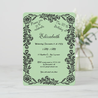 Pale Green & Black Botanical Floral 30th Birthday Invitation