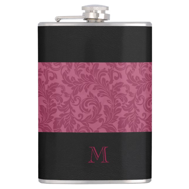 Pale green/black chic luxury damasks monogram hip flask (Front)