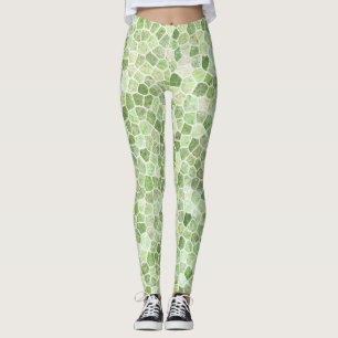 Pale Green Cobbled Patchwork Terrazo Pattern Leggings
