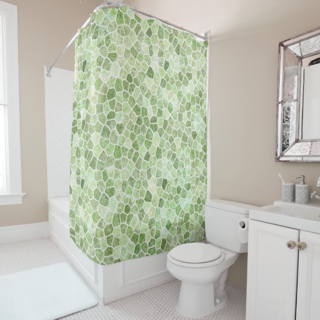 Pale Green Cobbled Patchwork Terrazo Pattern Shower Curtain (In Situ)