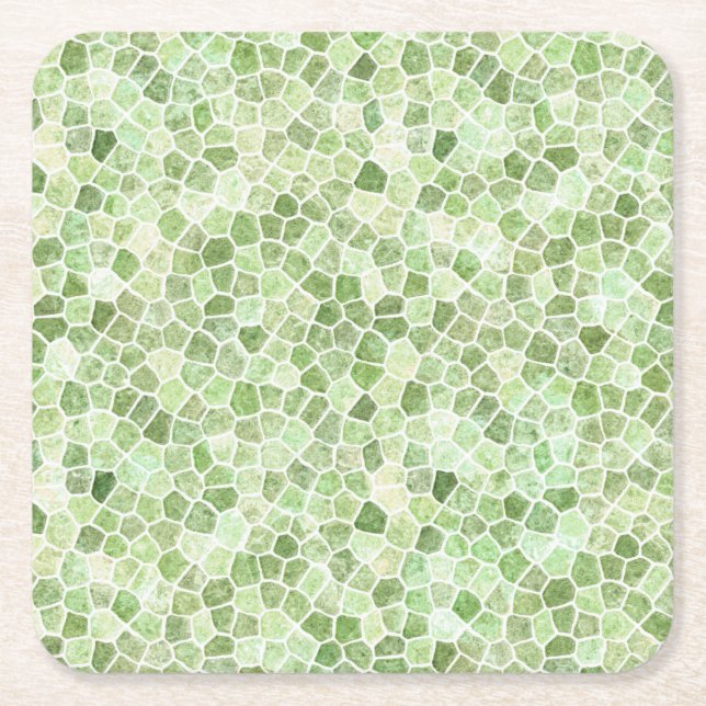 Pale Green Cobbled Patchwork Terrazo Pattern Square Paper Coaster (Front)