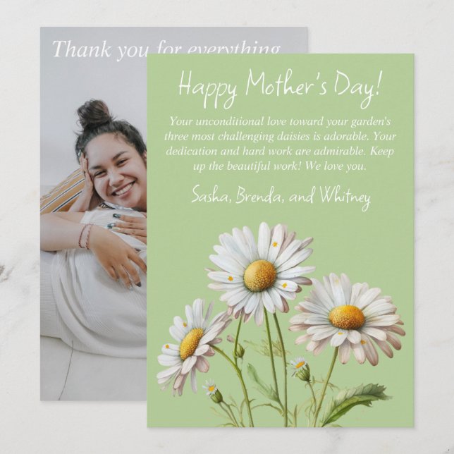 Pale Green Daisies Happy Mother's Day Card|1 Photo Holiday Card (Front/Back)