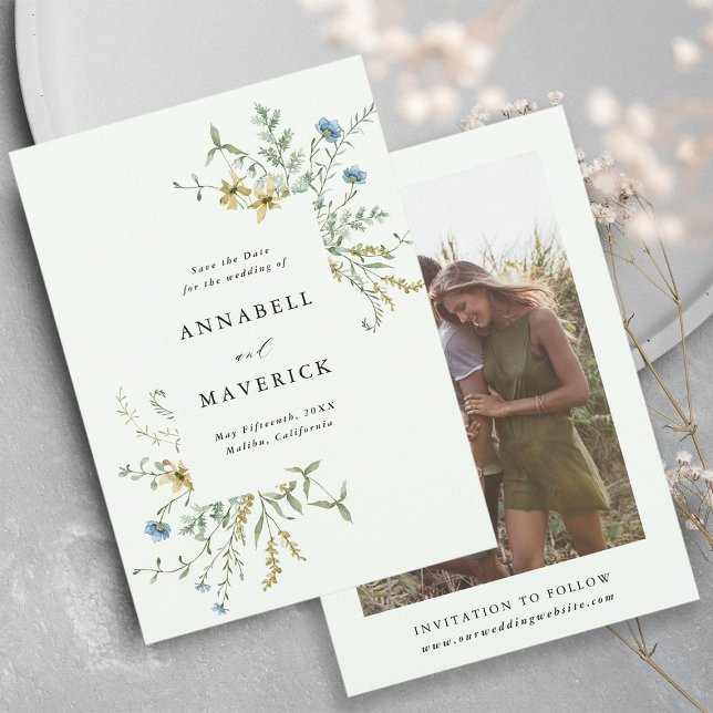 Pale Green Delicate Wildflower Boho Wedding Photo Save The Date (Front & Back)