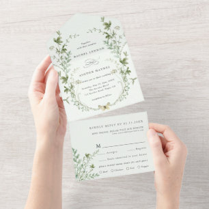 Pale Green Elegant Watercolor Wildflower Wedding All In One Invitation