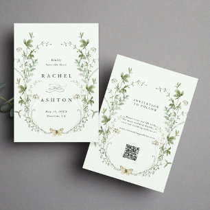 Pale Green Elegant Watercolor Wildflower Wedding Save The Date