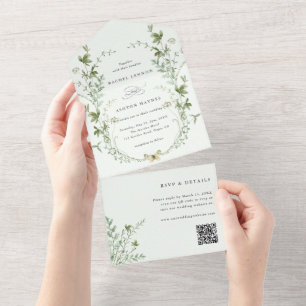 Pale Green Elegant Wildflower QR Code Wedding All In One Invitation