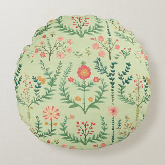 Pale Green Folk Floral Round Cushion