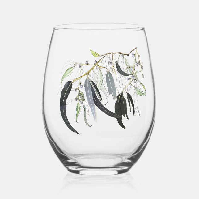 pale green gum leaf designed Drinkware Set Stemless Wine Glass (Front)