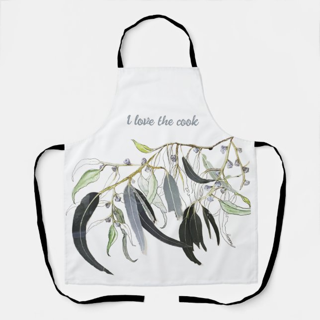 pale green gum leaf watercolour apron (Front)