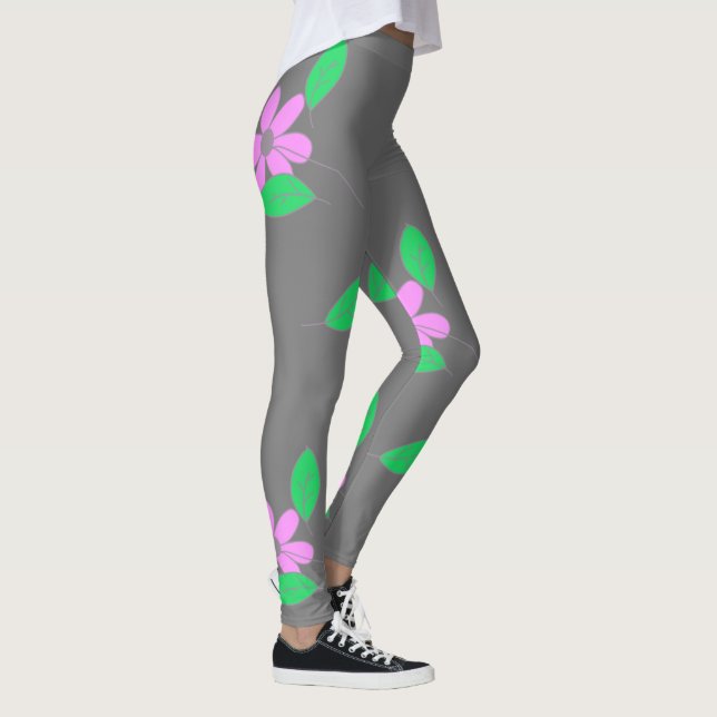 Pale Green Leaves Pink Flower Sketch Leggings (Right)