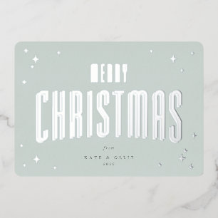Pale Green Merry Christmas Retro Stars Flat Foil Holiday Card