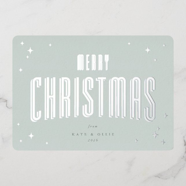 Pale Green Merry Christmas Retro Stars Flat Foil Holiday Card (Front)