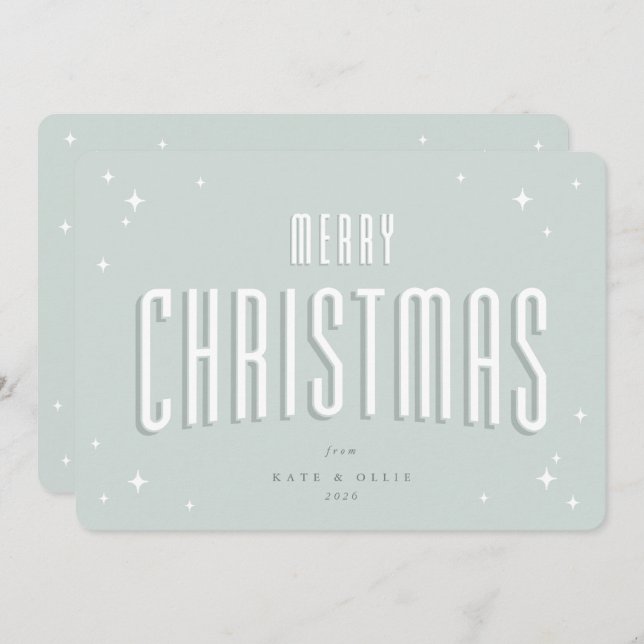 Pale Green Merry Christmas Retro Stars Flat Holiday Card (Front/Back)
