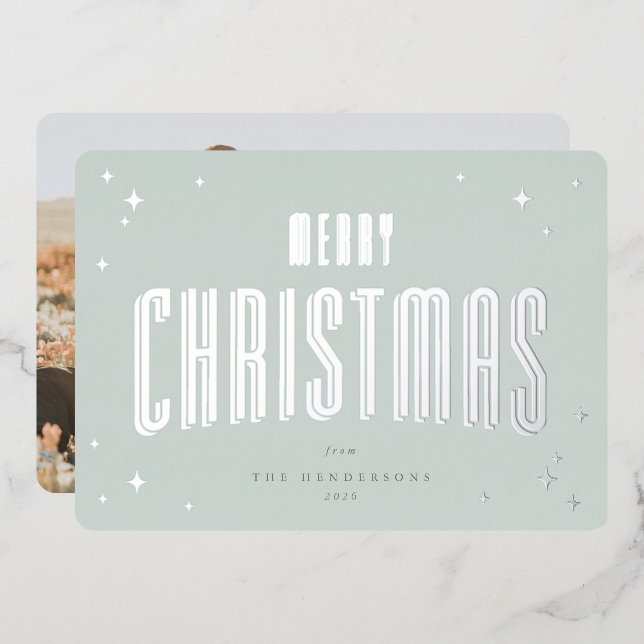 Pale Green Merry Christmas Retro Stars Photo  Foil Holiday Card (Front/Back)