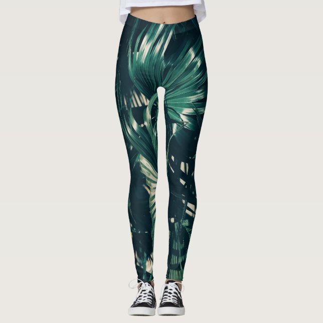 Pale Green Palm Tree Leaf Leggings (Front)
