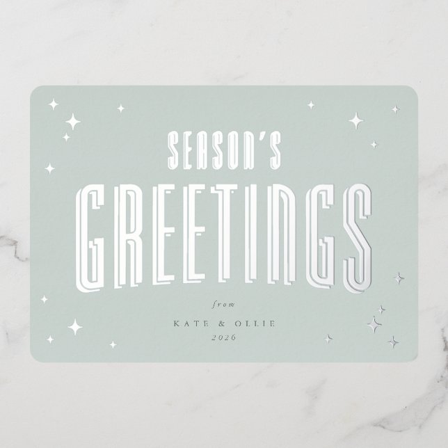 Pale Green Season's Greerings Retro Stars Flat Foil Holiday Card (Front)