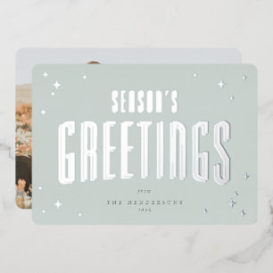 Pale Green Season's Greetings Retro Stars Photo Foil Holiday Card