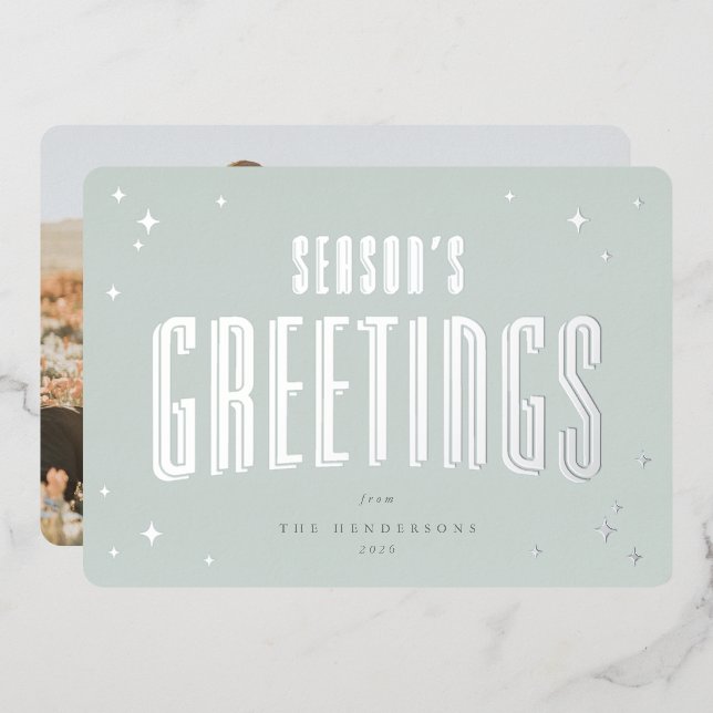 Pale Green Season's Greetings Retro Stars Photo  Foil Holiday Card (Front/Back)