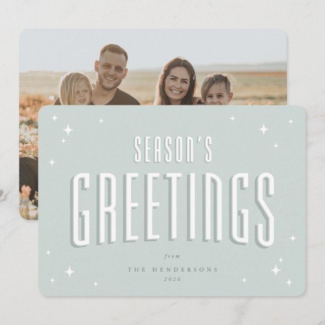 Pale Green Season's Greetings Retro Stars Photo Holiday Card (Front/Back)