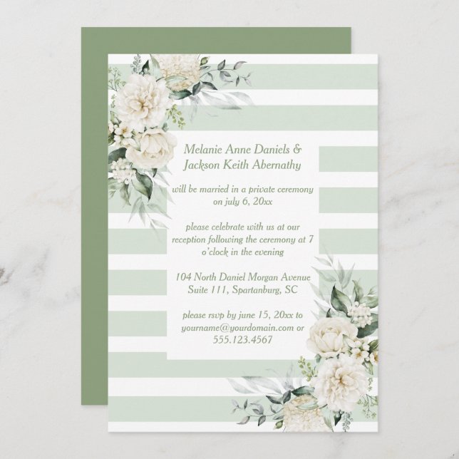 Pale Green Stripes White Floral Reception Only Invitation (Front/Back)