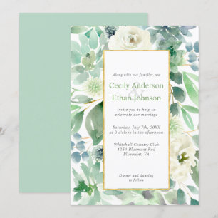 Pale Green Succulents & White Flowers Gold Wedding Invitation