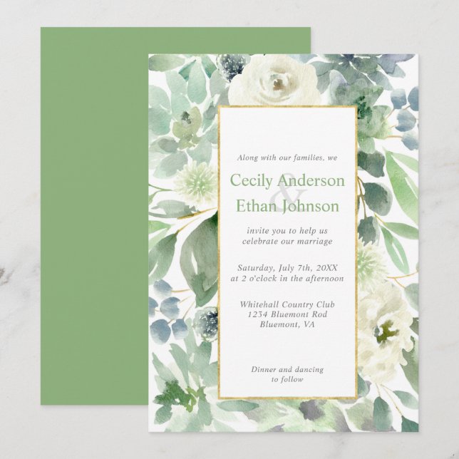 Pale Green Succulents & White Flowers Gold Wedding Invitation (Front/Back)
