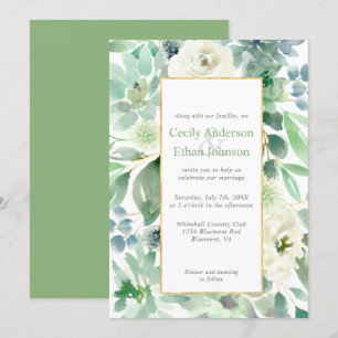 Pale Green Succulents & White Flowers Gold Wedding Invitation