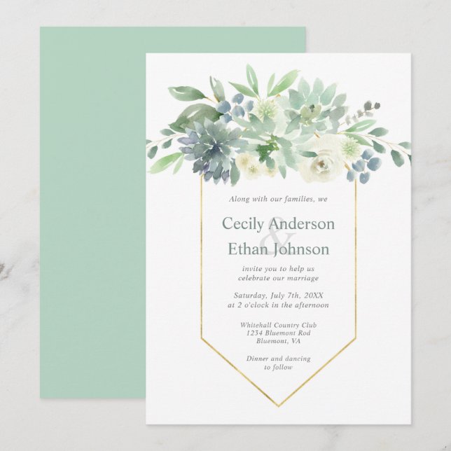 Pale Green Succulents & White Flowers Wedding Invitation (Front/Back)