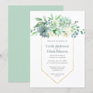Pale Green Succulents & White Flowers Wedding Invitation