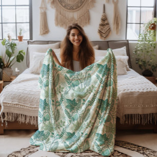 Pale Green Vintage Botanical Pattern Fleece Blanket
