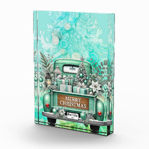 Pale Green Vintage Truck Merry Christmas Photo Block
